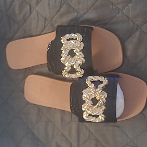 Asos Black Croc w/ gold metal flat slides - Picture 2 of 6